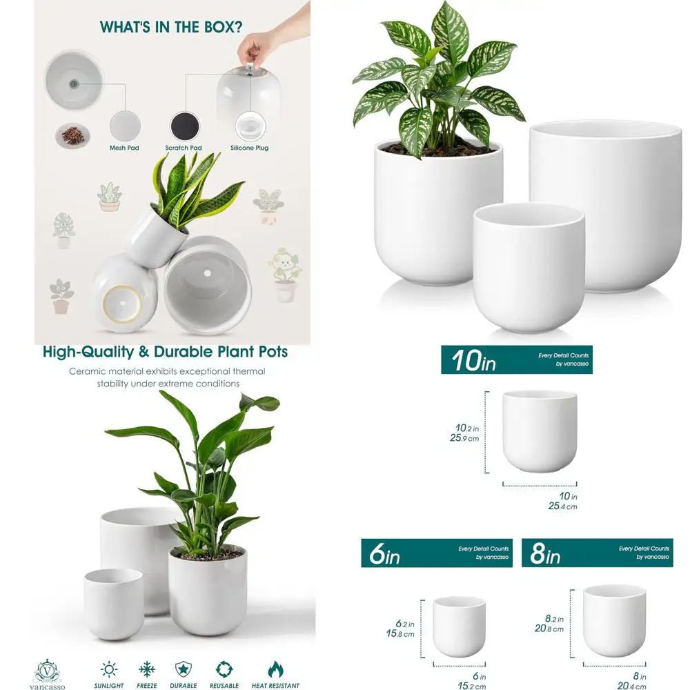 

Set of 3 White Ceramic Plant Pots, 6-10 Inches, with Drainage for Modern Indoor Garden Decor