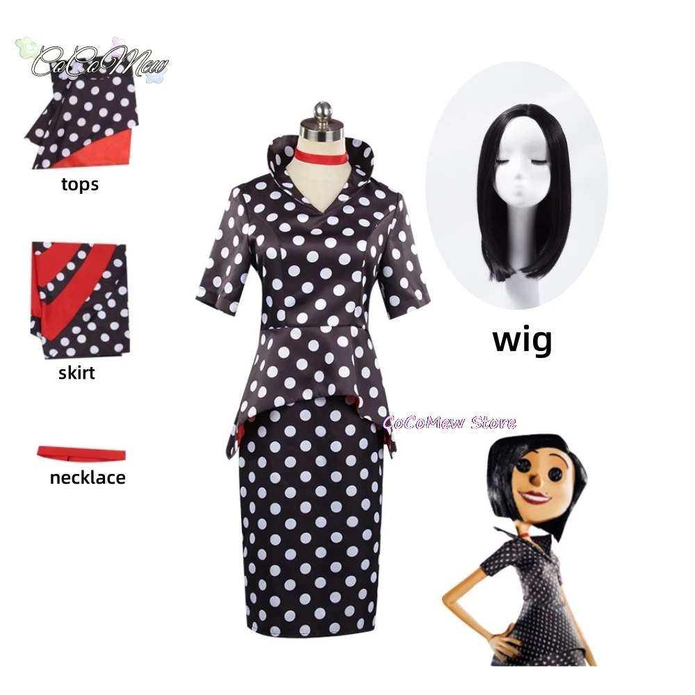 Horror Fairytale Movies Coraline Mother Cosplay Costume Wig Polka Dress Secret Adult Halloween Party Scary Roleplay Suit