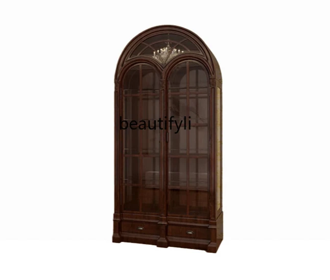 

French retro solid wood bookcase architectural revival carved wine cabinet American light luxury display cabinet