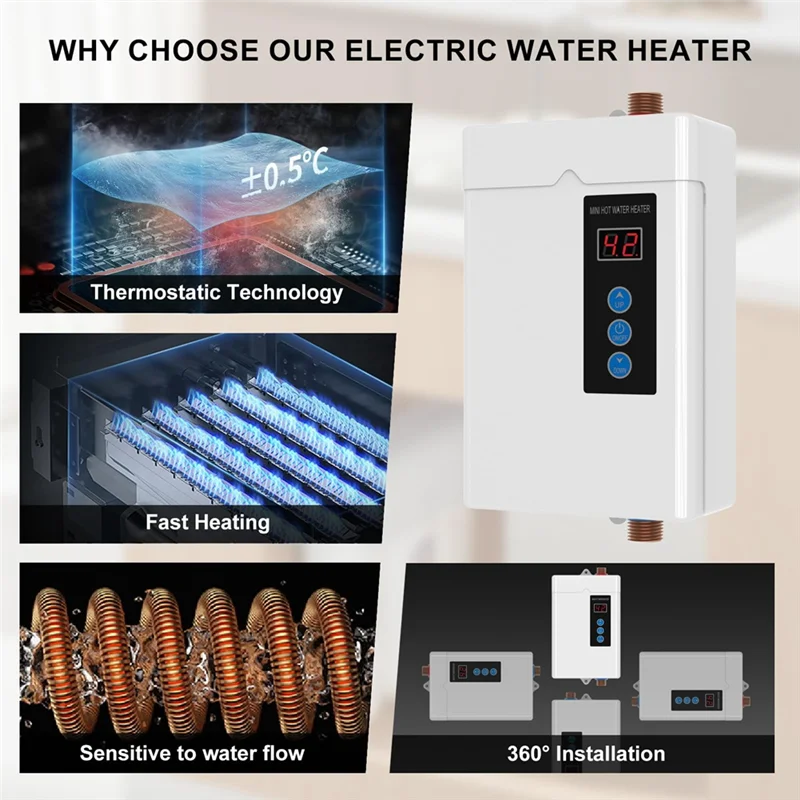 AA86 الولايات المتحدة التوصيل ، 3000 واط Tankless سخان المياه الكهربائية ، سخان الماء الساخن الفوري مع جهاز التحكم عن بعد ، LCD شاشة تعمل باللمس المياه الحرارة-B Du