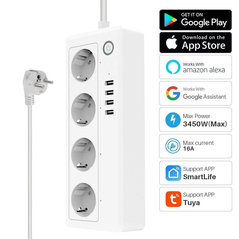 Top! Tuya Smart Wifi Power Strip 16A EU 4 Socket 4 USB Charging Ports SmartLife APP Works With Google Assistant Alexa Voice