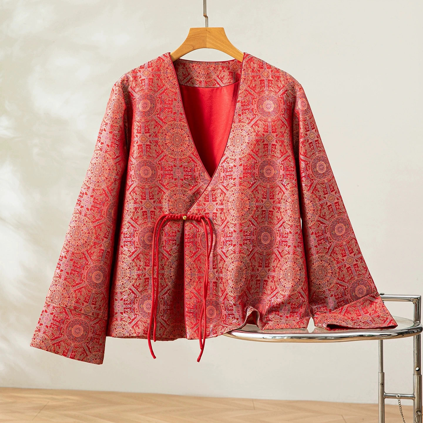 Winsleter-100%Real Silk Song Brocade Elegant Coat, V Neck Geometry, Women Retro Versatile Loose Coat, 2025 Autumn New C5N444CC