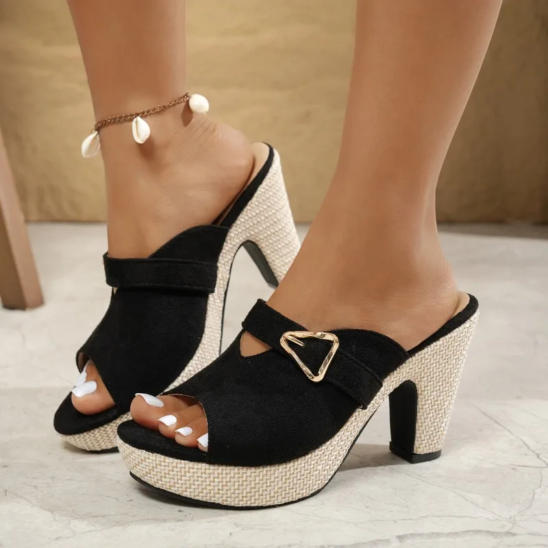 Women Thick Heeled Sandals with V-shaped Split Slim Fit Height Increasing Summer Wedge Decoration High Heels Women's Sandals