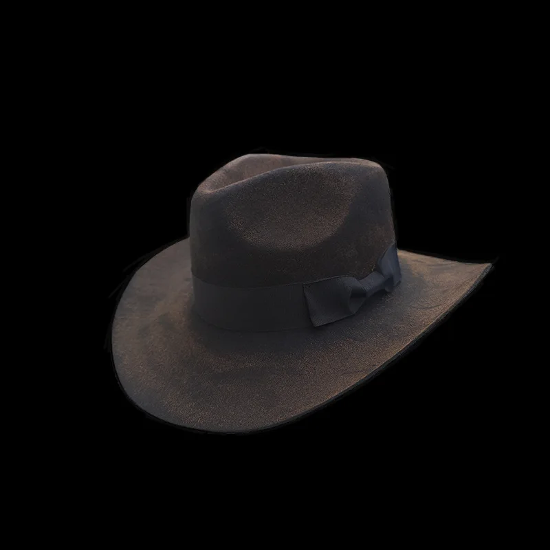 Retro Distressed Wool Hat Western Cowboy Style Wool Top Hat with Ribbon Wool Felt Hat
