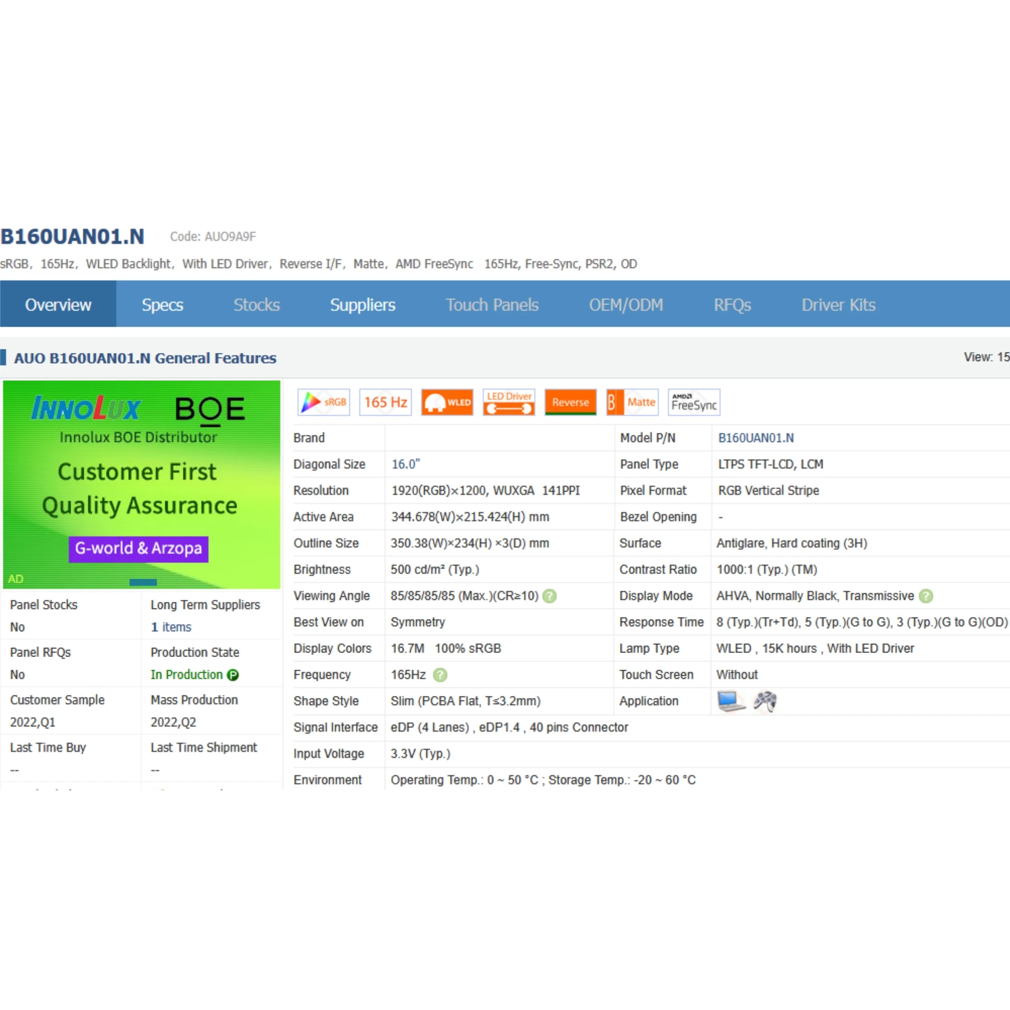 

B160UAN01.N 1920x1200 IPS 16,0-дюймовый оригинальный ЖК-экран для ноутбука