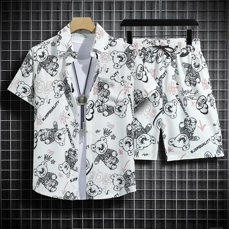 Hawaiian Beach Shirt Ensemble Men\'s Baggy Short-Sleeved Combo for Hainan Travel Vacation Cartoon Half-Sleeved Floral Shirt Tops