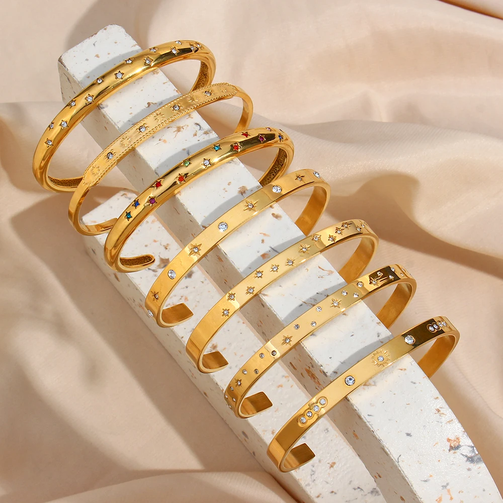 E.B.belle 18K chapado en oro sin deslustre cristal circón pavé brillante estrella Luna brazaletes pulseras para mujer brazaletes de muñeca