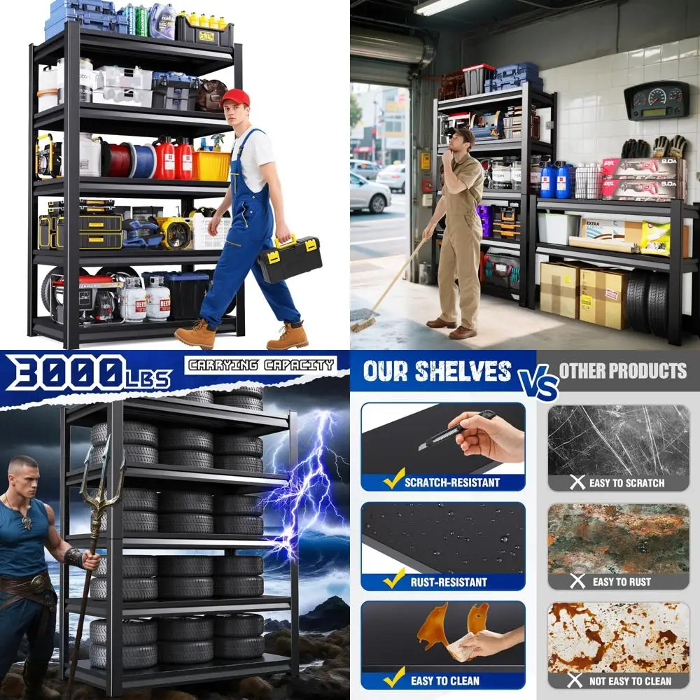 

Heavy-Duty Adjustable 5-Tier Metal Shelving Unit for Industrial Storage, Supporting Up to 3000 LBS