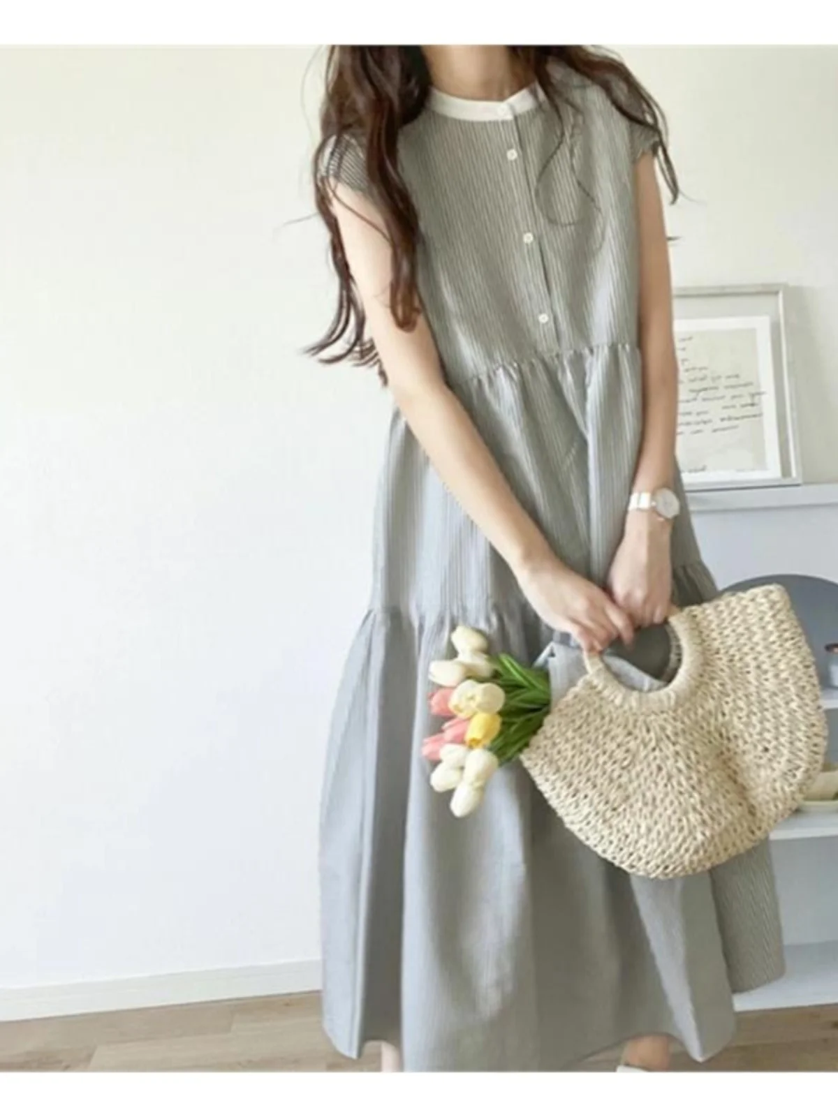 Summer Casual round Neck Travel Stripe Sleeveless Dress Artistic Korean Style Long Shirt Dress Sweet Japanese Style High Waist