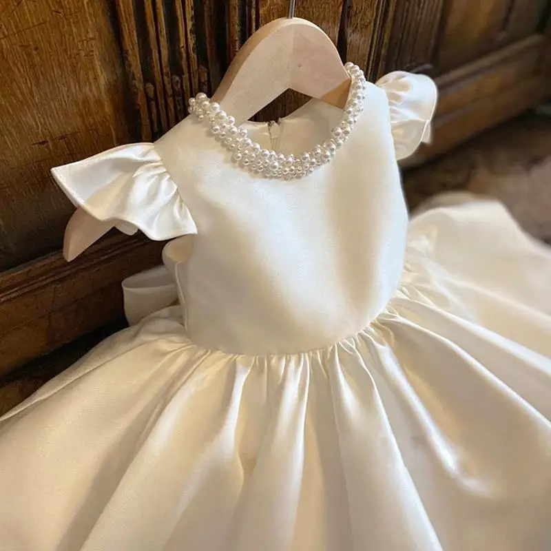 Weißes Blumenmädchenkleid aus Satin für Kleinkinder und Kinder für Hochzeit, erster Geburtstag, Zeremonie, Party, Prinzessin, Kommunion, Ballkleid für Mädchen im Alter von 1–14 Jahren – Detail 21