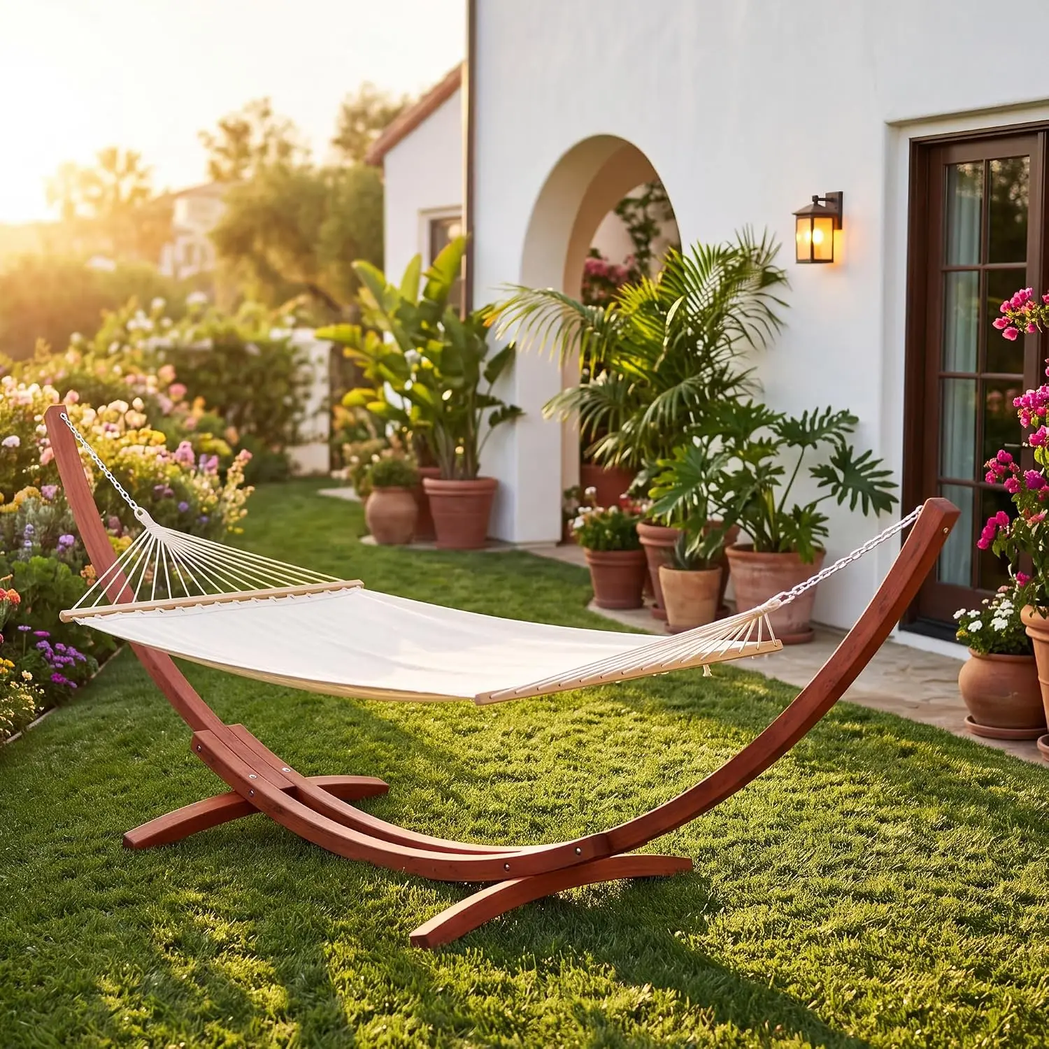 12 FT Wooden Hammock Stand Single Person Heavy Duty Outdoor Wood Backyard Balcony Porch Patio Garden 330 lbs White, Customized
