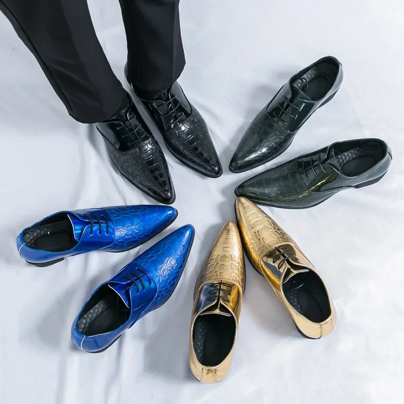 Luxury Wedding Dress Men High Heel Shoes Design Blue Man Patent Leather Shoes Party Men Pointed Toe Formal Shoes Zapatos Oxfords