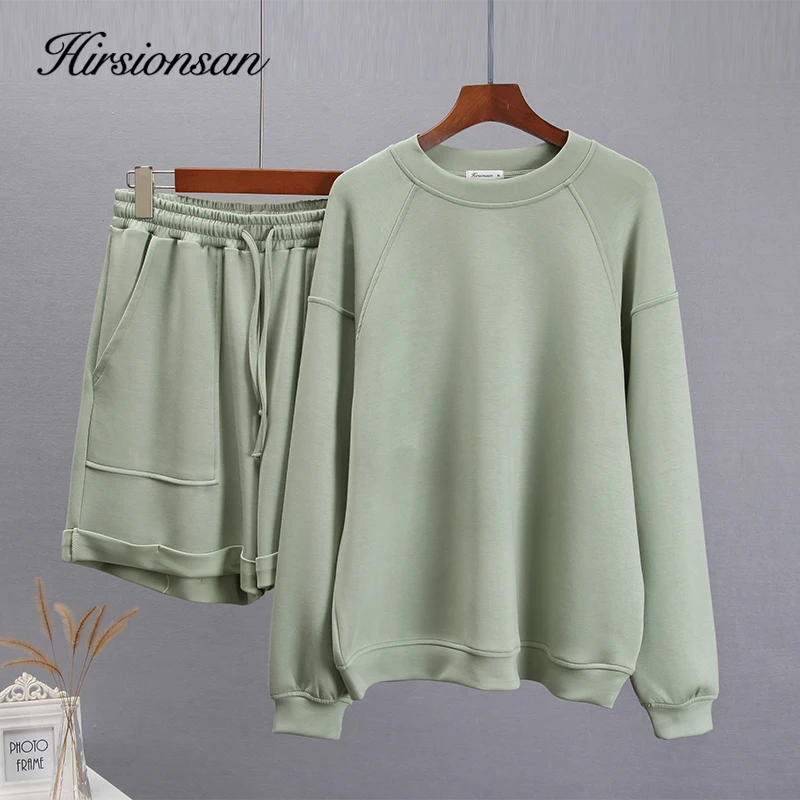 Hirsionsan Soft Cotton Sets Women 2023 New Casual Two Pieces Long Sleeve Sweatshirt & High Waist Shorts Solid Outfits Tracksuit