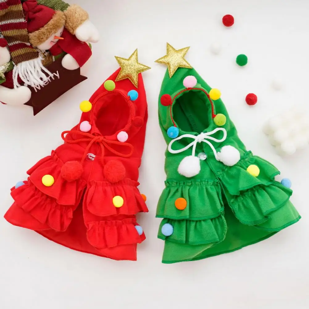 Plush Ball Decor Pet Cloak Festive Pet Christmas Cloak with Plush Ball Star Decor Ruffle Hem Winter Holiday Cape for Dog Cat