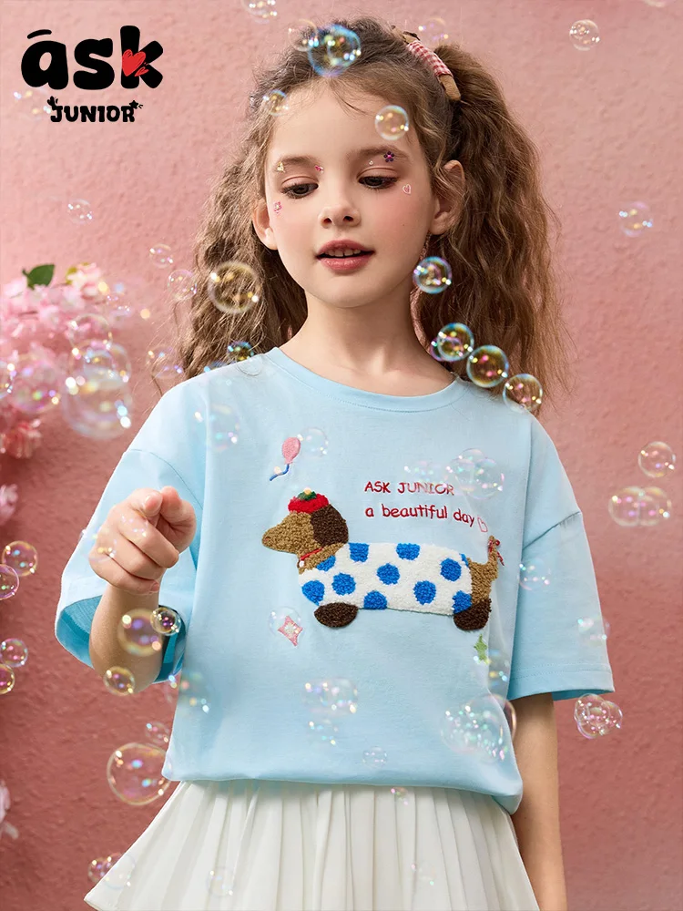 تي شيرت Tween Girls Summer Animal Print Flocking Craft بأكمام قصيرة #5