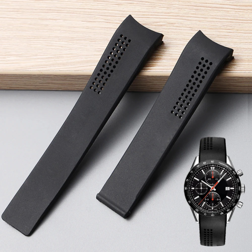 Classic Curved End Silicone Rubber Watchband 20mm 22mm Fold Clasp Breathable Holes Strap Fit For TAG Heue Carrera Calibre Watch