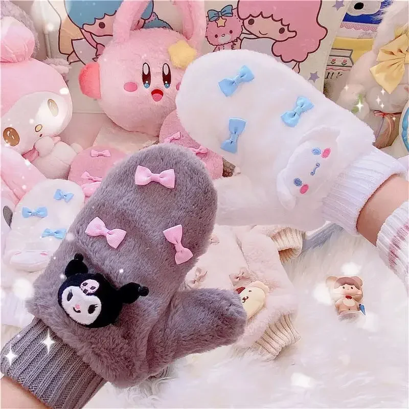 Sanrio Cinnamoroll Kuromi My Melody Cartoon Kawaii Japanese Girl Bow Thickened Warm Windproof Halter Gloves 12 years and above