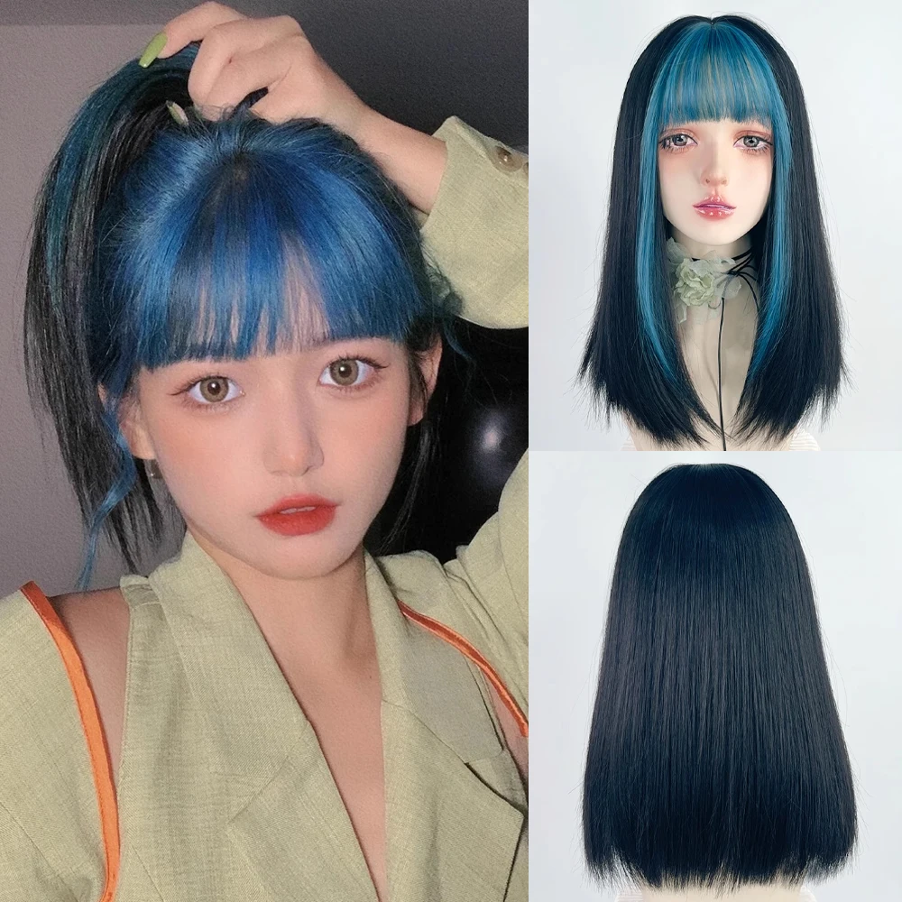 

Синтетический прямой черный парик средней длины, синие челки, Женский термостойкий парик для косплея Лолиты, для ежедневного использования