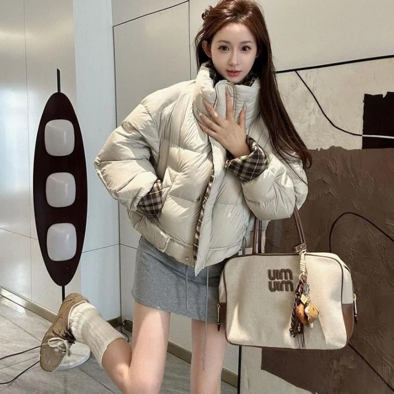 الشتاء المحاصيل سترة دافئة المرأة المرقعة سترة منفوخة تصميم معطف طويل الأكمام أعلى متقلب فضفاض سترة Mujer الملابس الشتوية