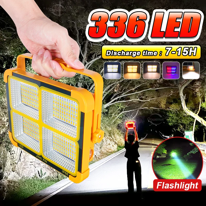 336 LED Solar Work Light Rechargeable Lamp Infinitely Dimmable Multifunctional Portable Handheld Light Camping Light Waterproof