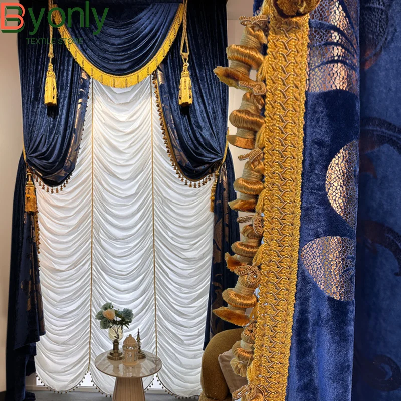High-end European Gilded Flannelette Jacquard Splicing Blue Curtains for Living Room Bedroom Villa French Window Customized