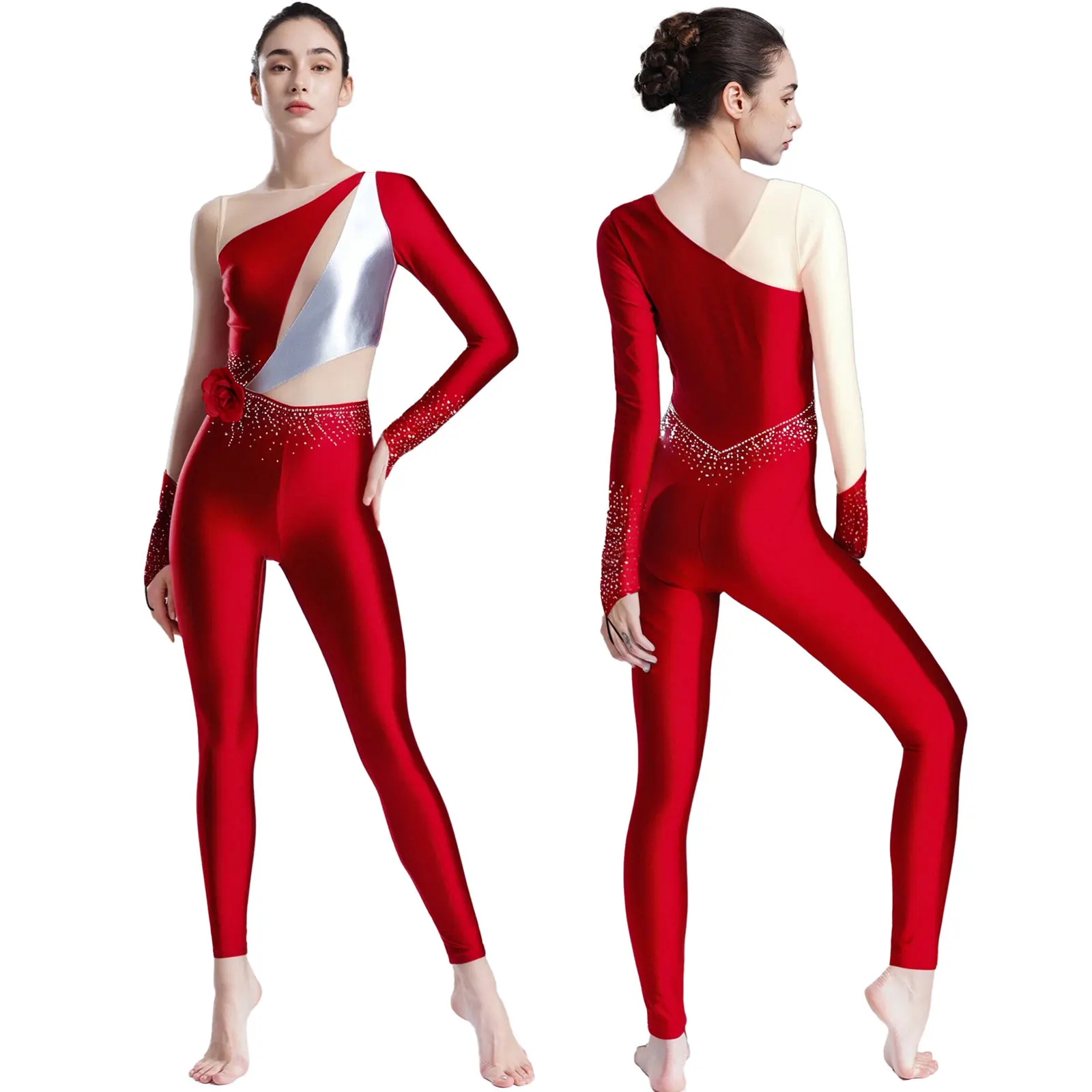 Women Sparkly Rhinestones Gymnastics Figure Skating Jumpsuit Unitard Full Bodysuit Long Sleeve Color Block Dance Leotard Ballet