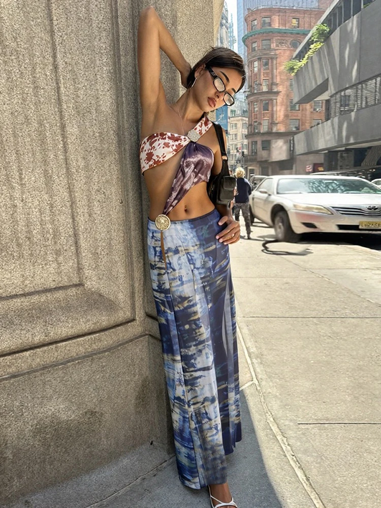 Weird Puss Metal Patchwork Irregular Hollow Dress Women Fashion Print Sexy Backless High Splits Summer Trend Wild Long Bodycon
