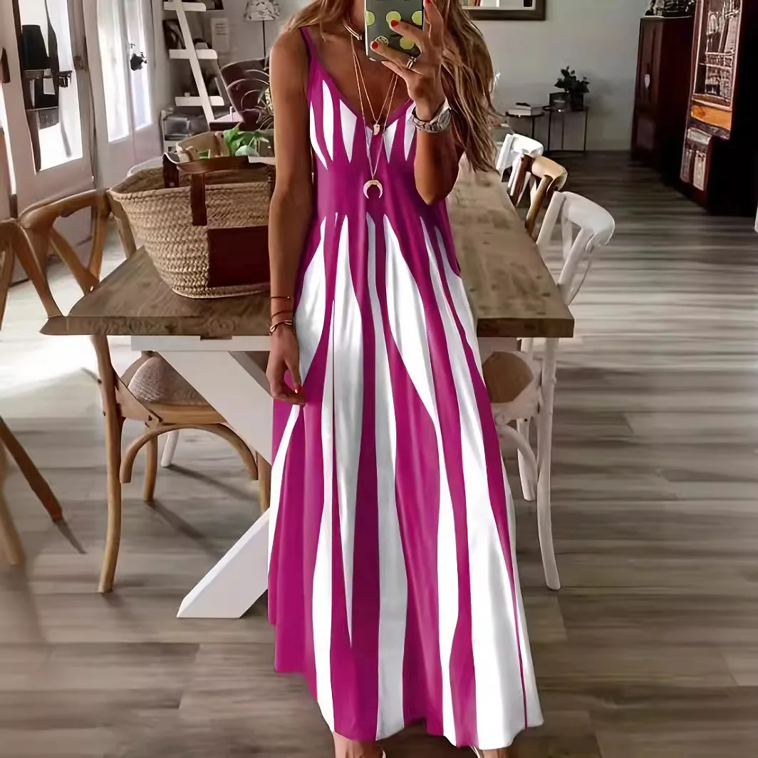 

Sexy Sleeveless Dress Women Black White Stripe Printed Long Dresses Summer Casual Vacation Party Dress Robe