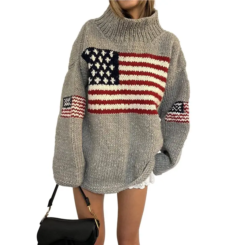

ABRT-Women's Flag Pattern Long Sleeve Round Neck Sweater Casual Loose Pullover Sweater Gray L