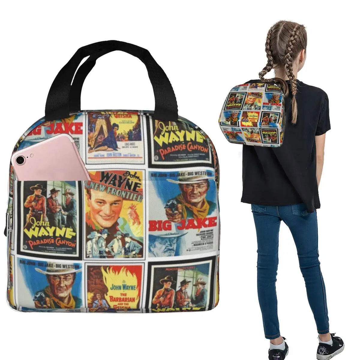John Wayne Classic Movies Collage Insulated Lunch Bag for Women Kids Portable Food Boxes Thermal Lunch Box Tote