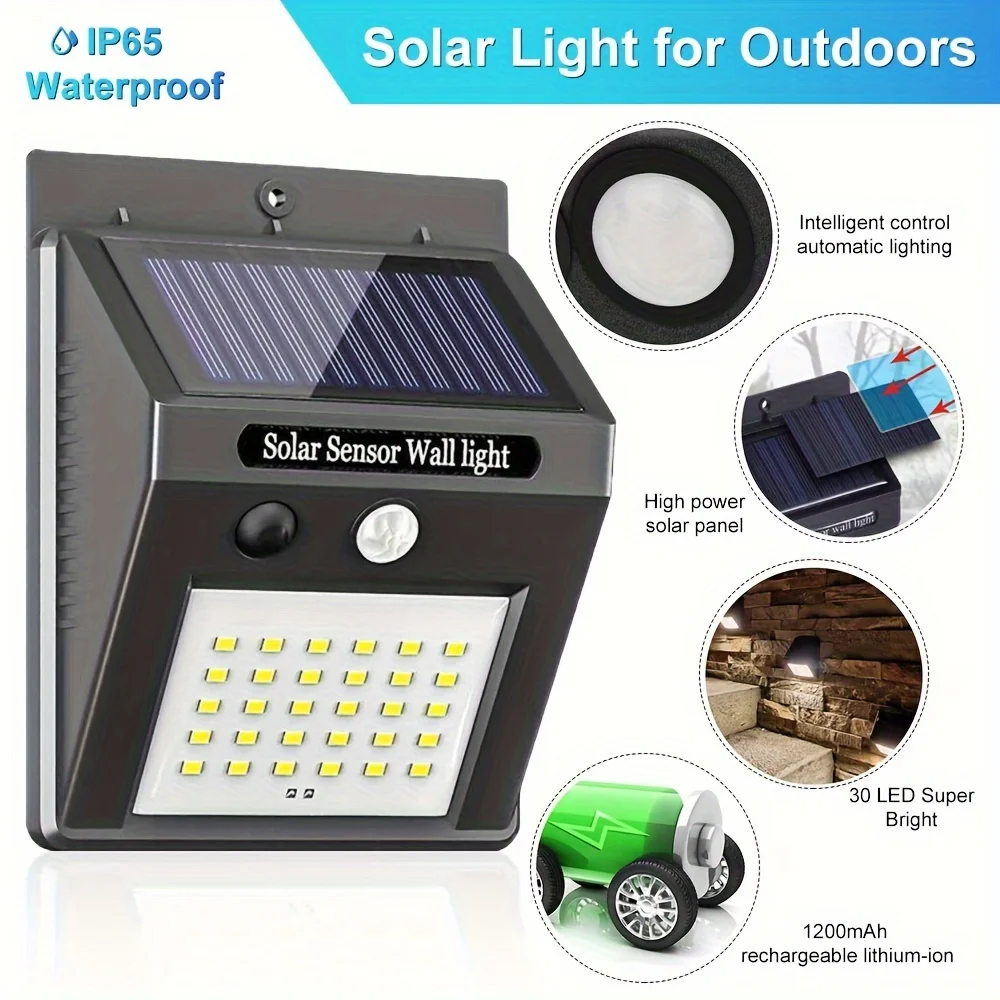 Luz LED Solar para exteriores, luz con Sensor de movimiento inalámbrico, impermeable y fácil de instalar, para jardines, caminos, pasillos, 1/2/4 piezas, 30 LED