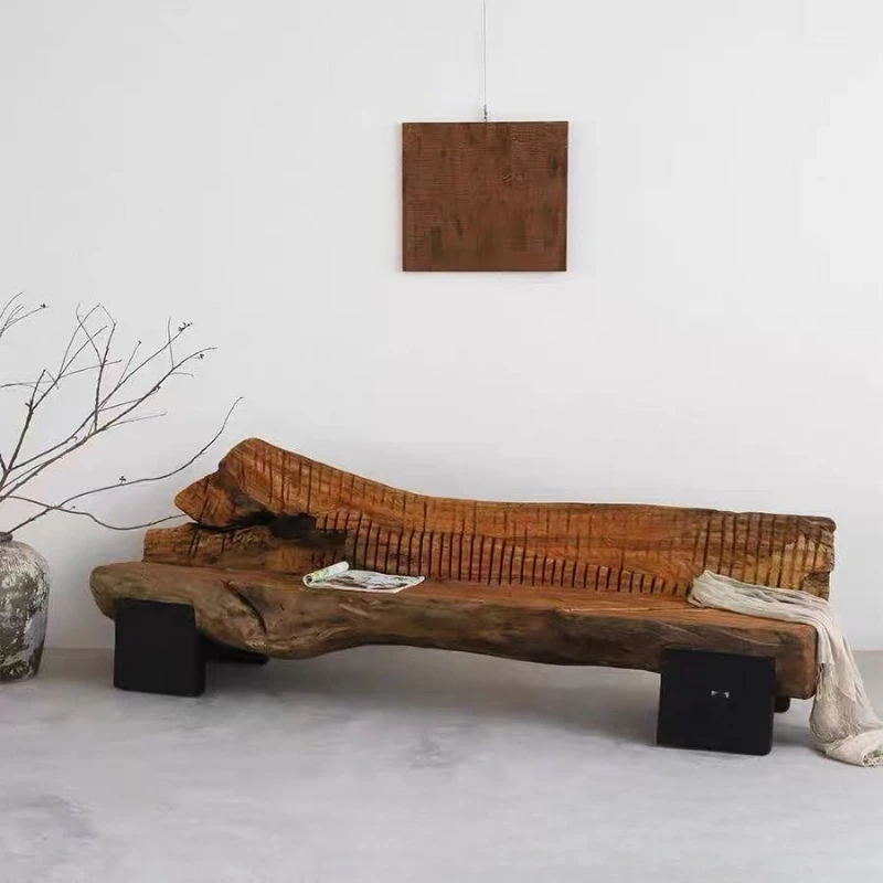 Wabi-sabi wind tree-shaped long sofa chair weathered stump pier Chinese antique style B & B hotel decorative stool