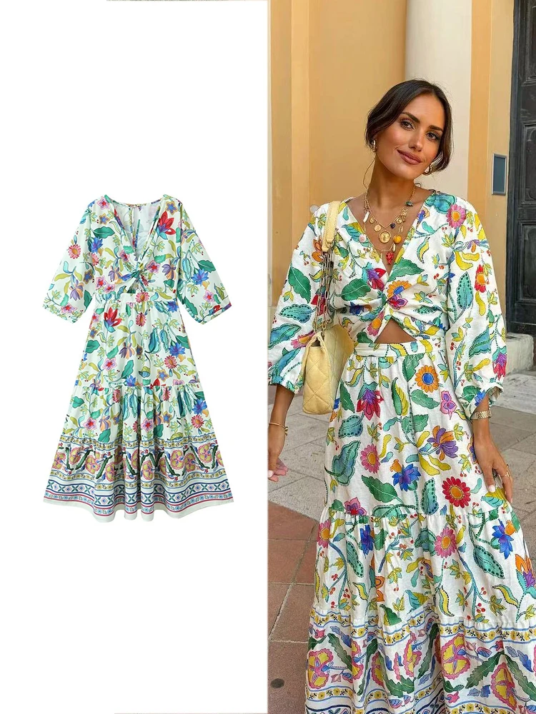 TRAF Fashion Floral Print Dress Elegante V-neck Lantern Sleeve Beach Dress Casual Pleated Loose Half Sleeve Hollow Out Dresses