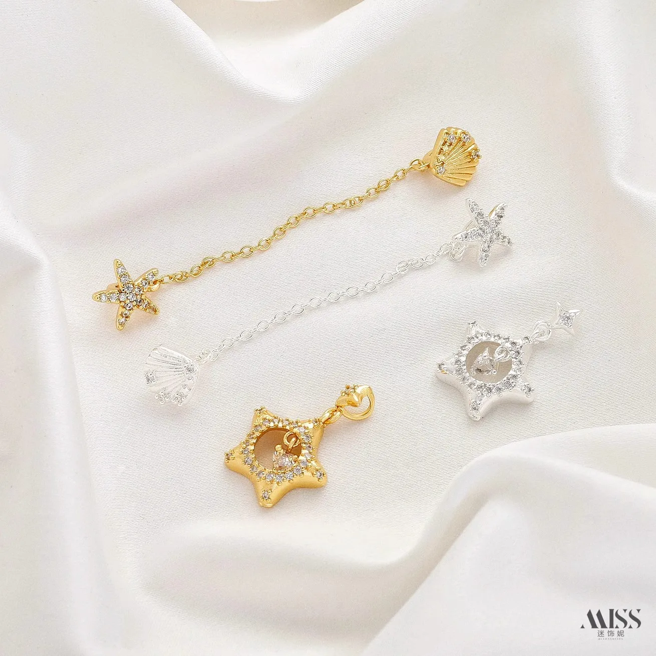 18K Gold Plated Starfish Shell Pendant, Thick Silver Tone High Zircon Inlaid Safety Chain, DIY Craft Jewelry Making Accessories