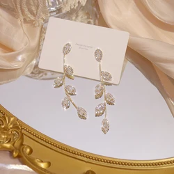 Luxury 14K Real Gold Plated Leaves Earring Delicate Micro Inlaid Cubic Zircon CZ Stud Earrings Wedding Jewelry Pendant