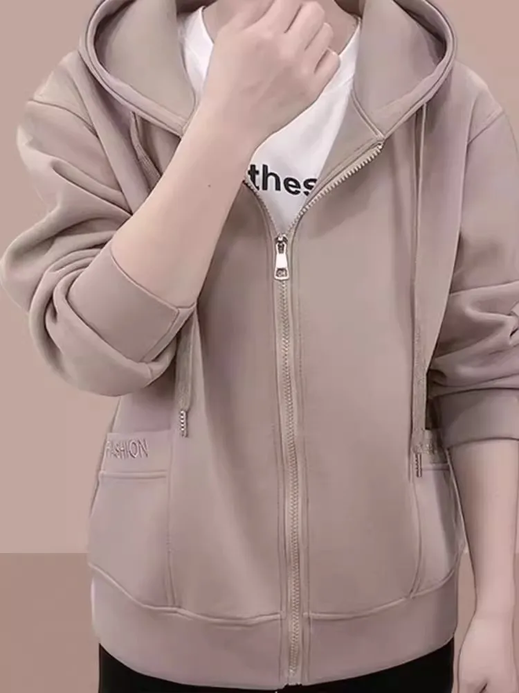 

Весенне-осенняя женская укороченная толстовка-куртка свободного кроя с длинными рукавами, из смесового полиэстера и хлопка, на молнии, с цветными блоками