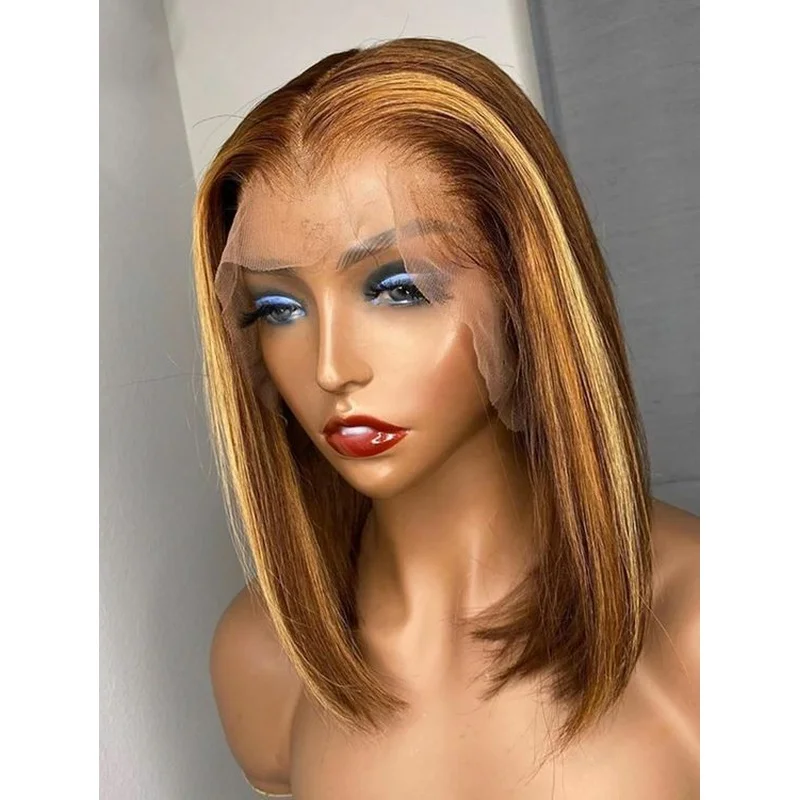 Short Bob 13X4 T Lace Front  Hair Wig Straight Brown Blonde Highlight Wigs