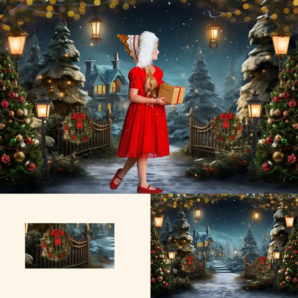 

Mocsicka Photography Backdrop Winter Christmas Street Village Glitter Xmas Trees Kids Family Portrait Decor Background Photocall