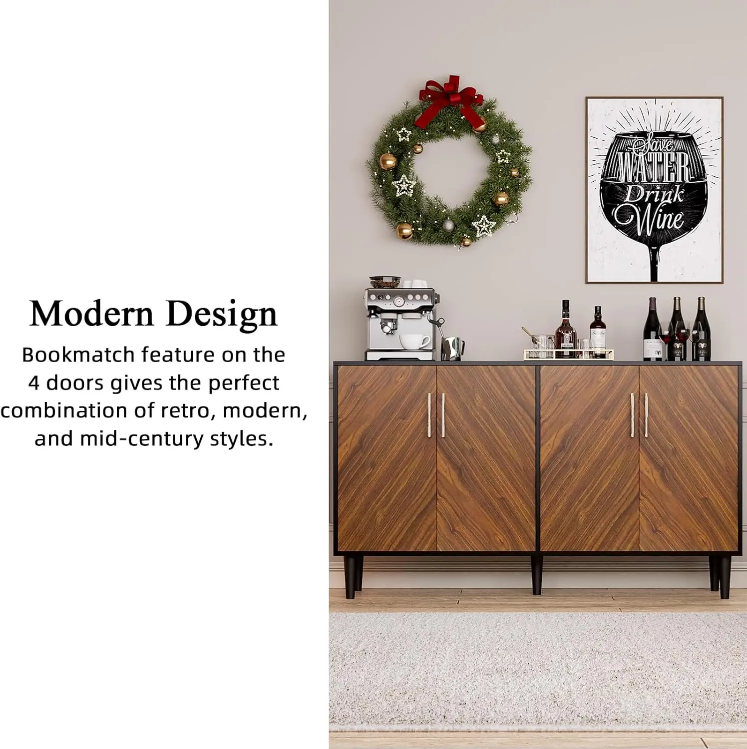 خزانة بار القهوة السوداء مقاس 58 بوصة مع 4 أبواب وأرفف قابلة للتعديل لغرفة المعيشة أو المطبخ