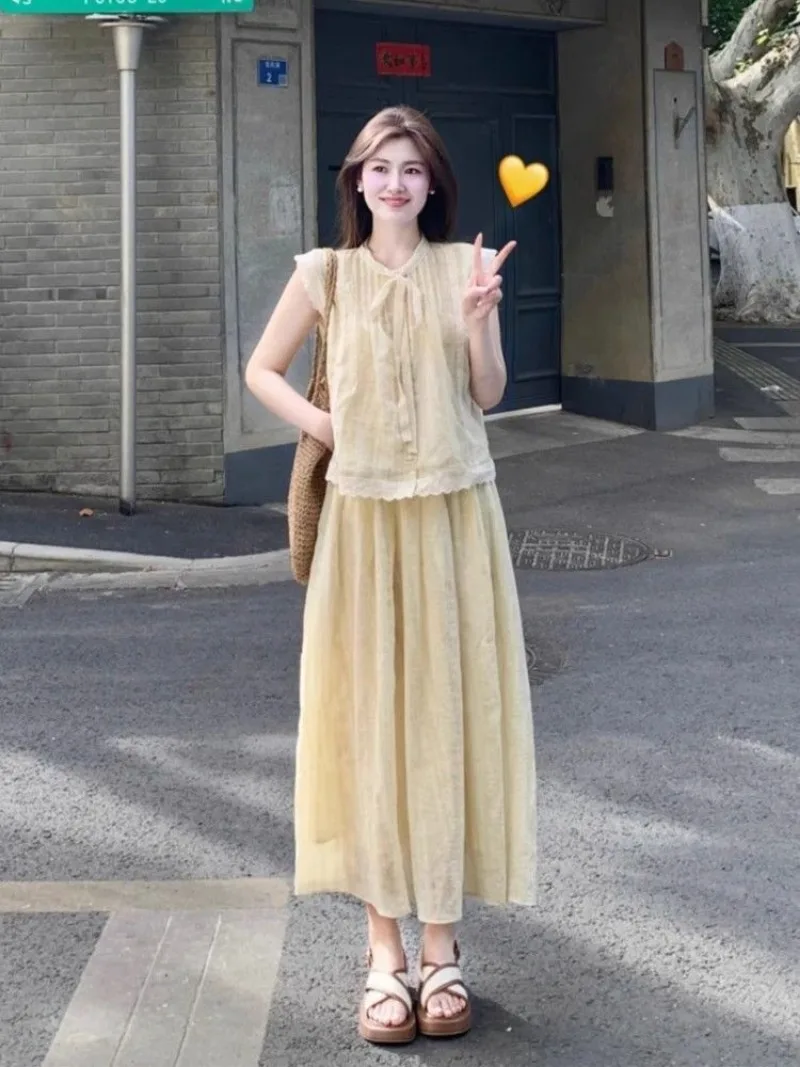 새로운 프랑스 패션 여름 여성 투피스 세트 우아한 레이스업 플라잉 슬리브 블라우스 탑 + 루즈핏 스커트 솔리드 컬러 아웃핏 소녀들을 위한 의상