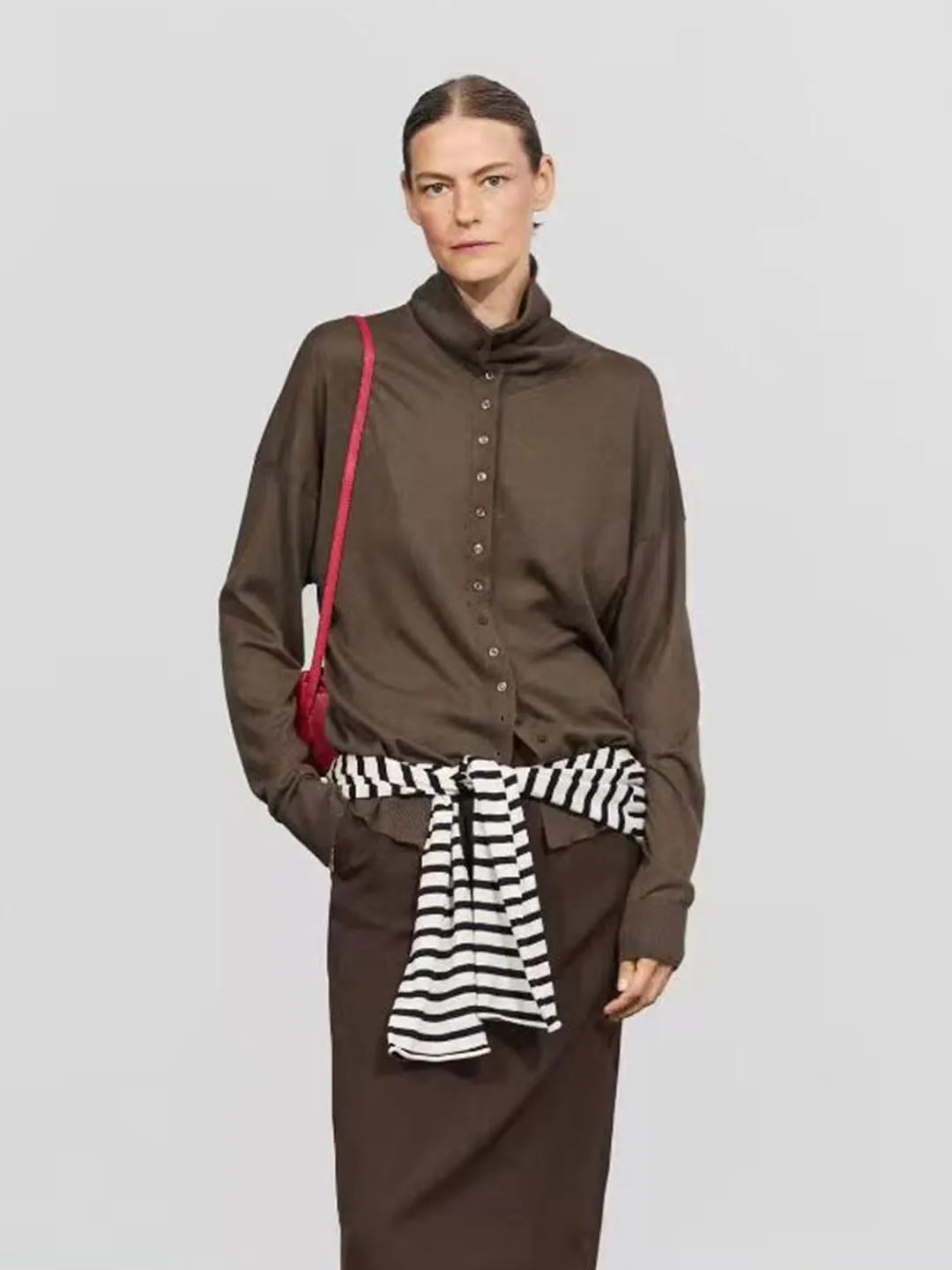 MD Women's Knitted High Collar Long Sleeve Open Front Shirt Autumn New Arrival Pale Brown Button Knitwear Fashionable Elegant
