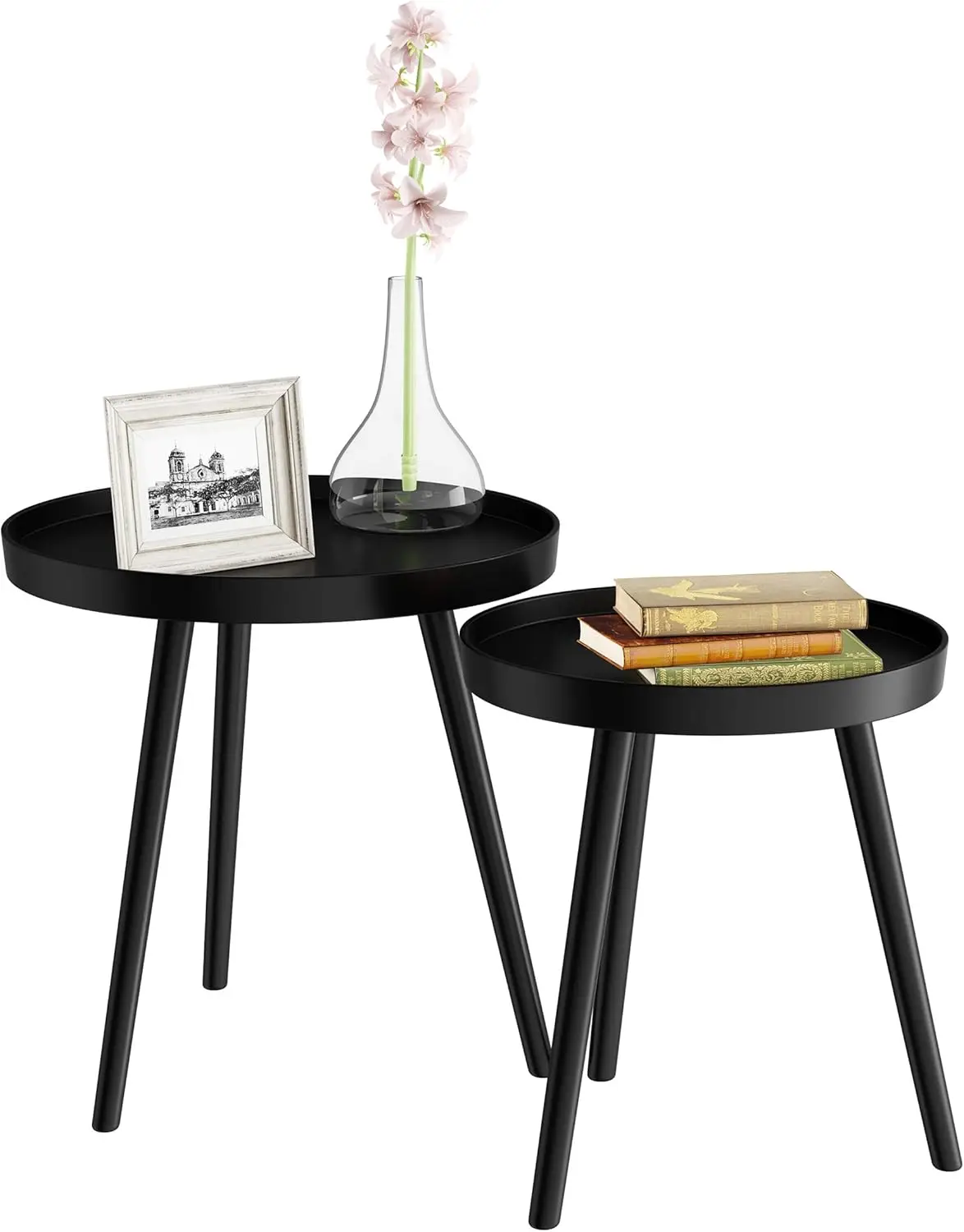 

Round Mid-Century Modern Nesting End Tables for Bedroom, Living Room & Office, 21.5", Black