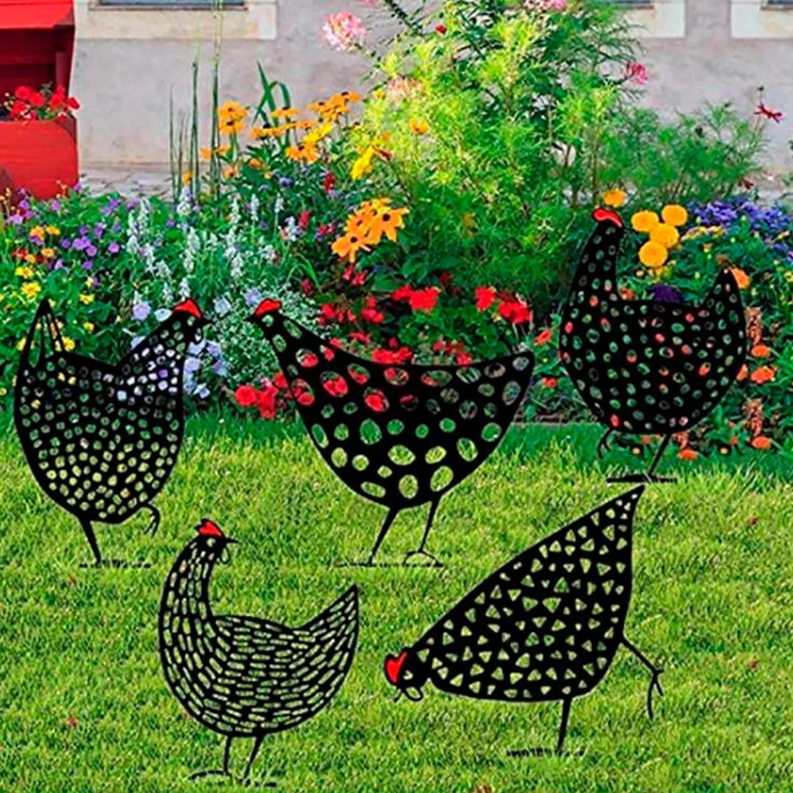 Afbeelding 5: 5 Stuks Zwarte Kip Staken Set Acryl Dier Vorm Beelden Decoratie Voor Tuin Tuin