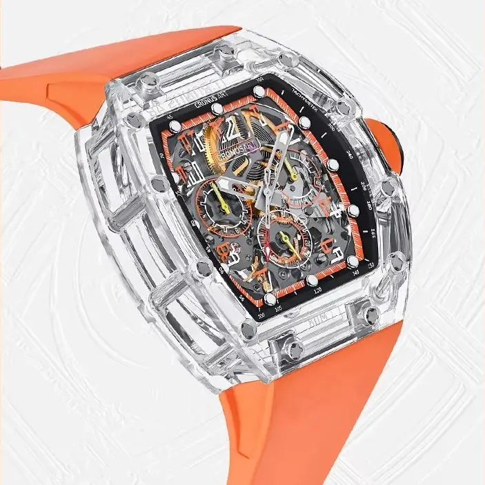 CRONUSART ساعة كرونوغراف للرجال 50 مللي متر Tonneau ساعة يد ميكانيكية علبة الياقوت مضيئة هيكل عظمي من المطاط الفلوري نوافذ ثلاثية