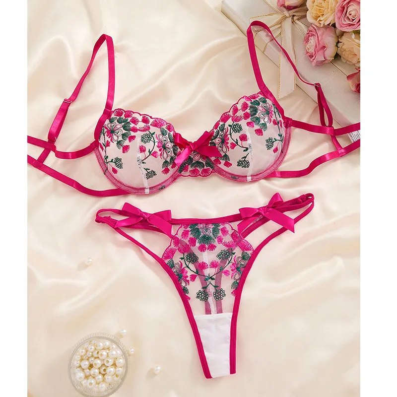 

Romantic Lingerie Sexy Hot Ultra Thin Bra Set Rose Red Bow Tulle Underwear Women Delicate Embroidery Transparent Erotic Lingerie