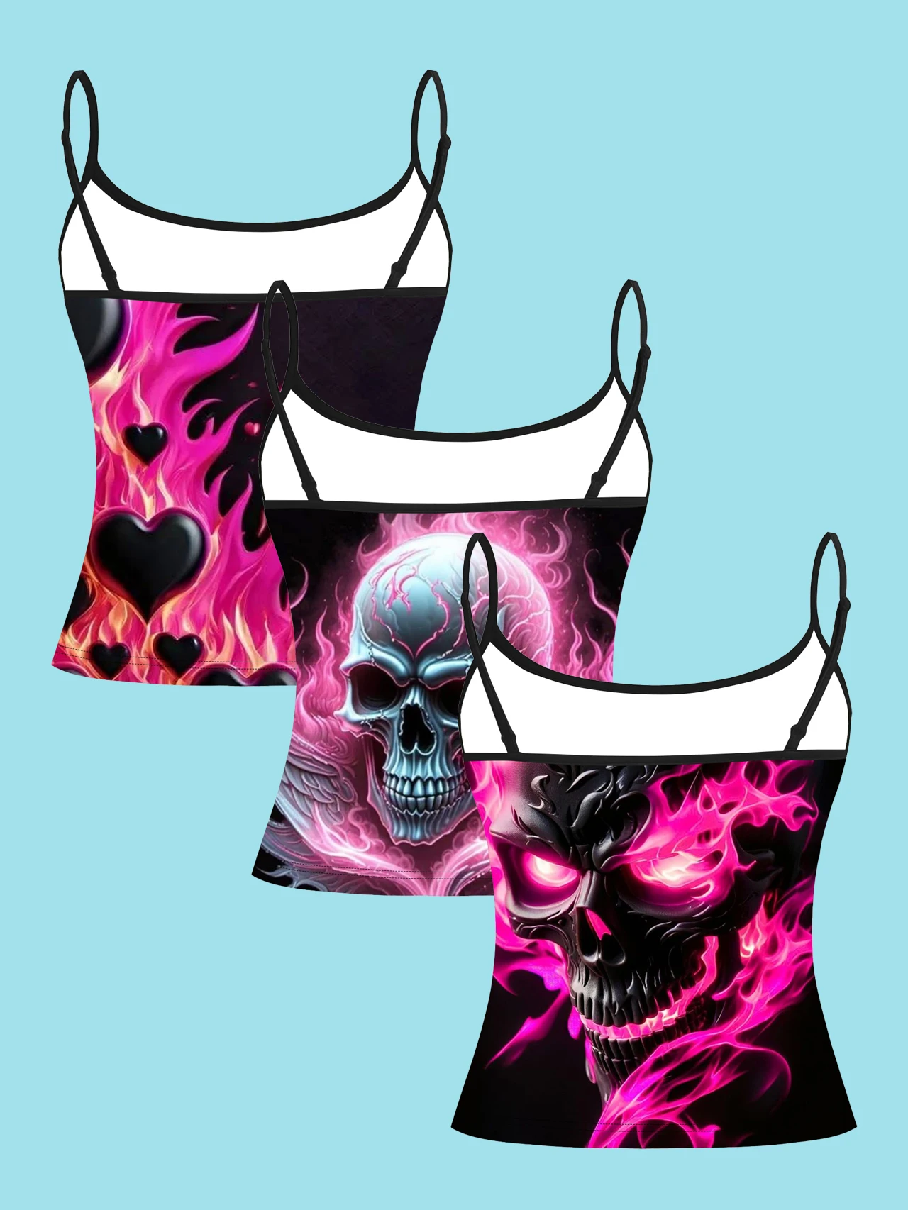 3-Pack Pink Flame Skull Print Spaghetti Strap Tank Top Black Heart Silver Wings Gothic Punk Slim Fit Sleeveless Top Y2K Dark Style Spicy Girl Inner Wear Outerwear Base Shirt