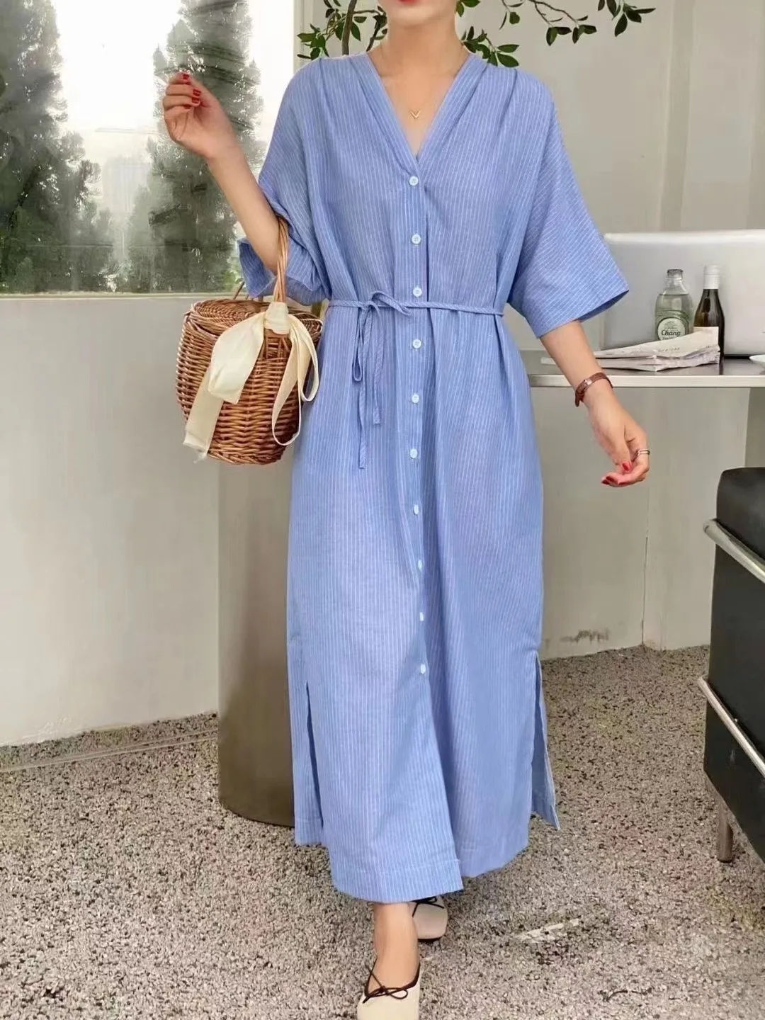 

Свободное хлопковое льняное платье Dr Striped ort Sve Vintage Design Korean Sle Women's Faion Весна Осень Зима Dr