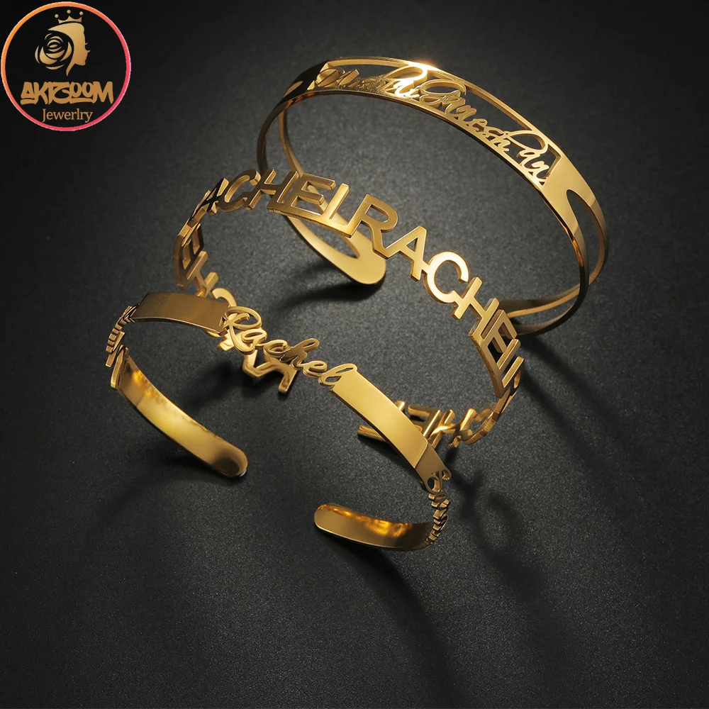 

Akizoom Personalized Custom Name Baby Kids Bracelets Stainless Steel Engrave Letter Bangles Bracelets for Woman Man Jewelry Gift