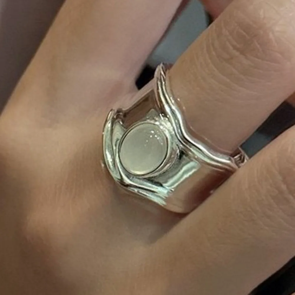 

925 Sterling Silver Rings for Women Couple Minimalist Handmade Simple Wide Big Stone Ring Party Jewelry Gift Prevent Allergy