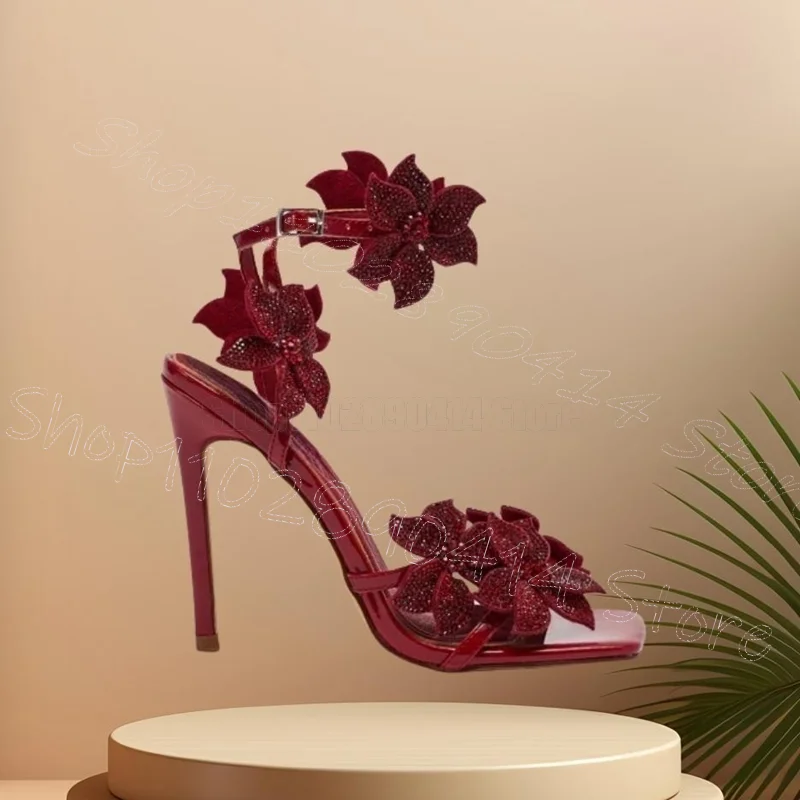 

Red Crystal Flower Design Open Toe Sandals Buckle Strap Women Shoes Thin High Heels Novel Party Banquet 2025 Zapatos Para Mujere